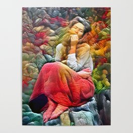 Young woman sitting on a tree trunk - Colorful artistic floral illustration design Poster