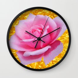 PINK ROSE ON METALLIC GOLD LEAF ART Wall Clock