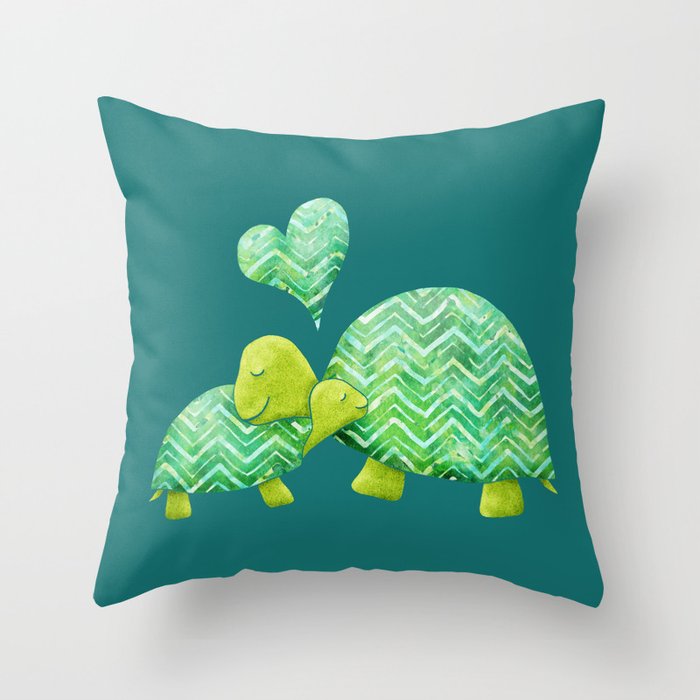 Sweet Turtle Hugs with Heart in Teal and Lime Green Throw Pillow