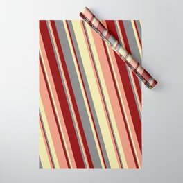 [ Thumbnail: Grey, Dark Red, Dark Salmon, and Pale Goldenrod Colored Striped Pattern Wrapping Paper ]