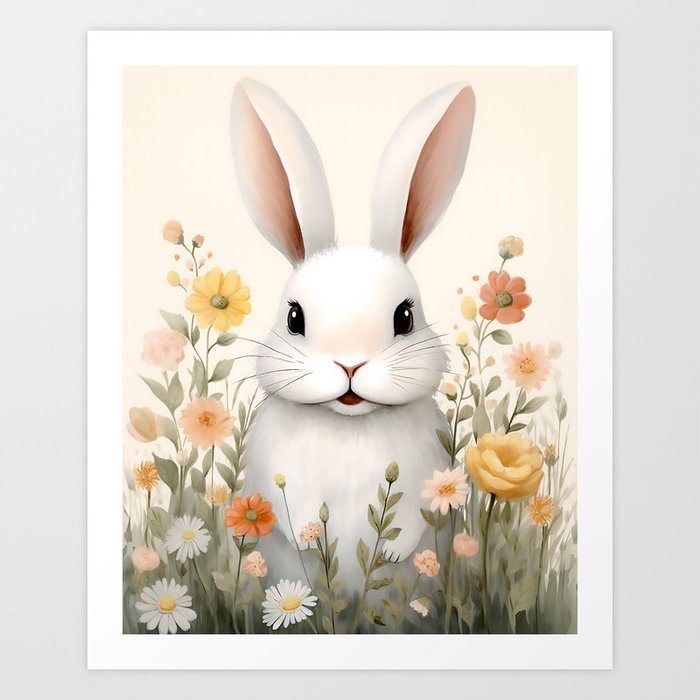 Cute White Rabbit and Flowers #3 Art Print