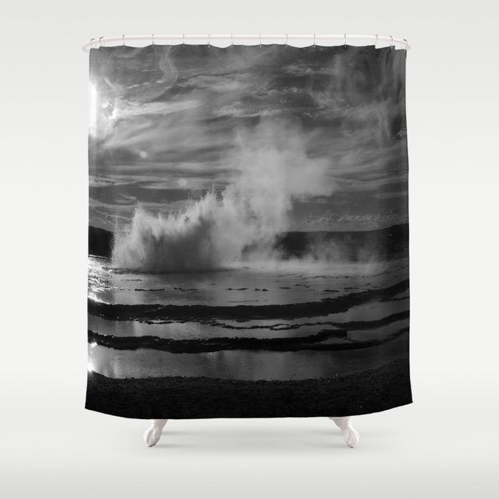 Yellowstone Old Faithful Great Fountain Geyser Wyoming Landscape black and white photograph / photographs / photography Shower Curtain