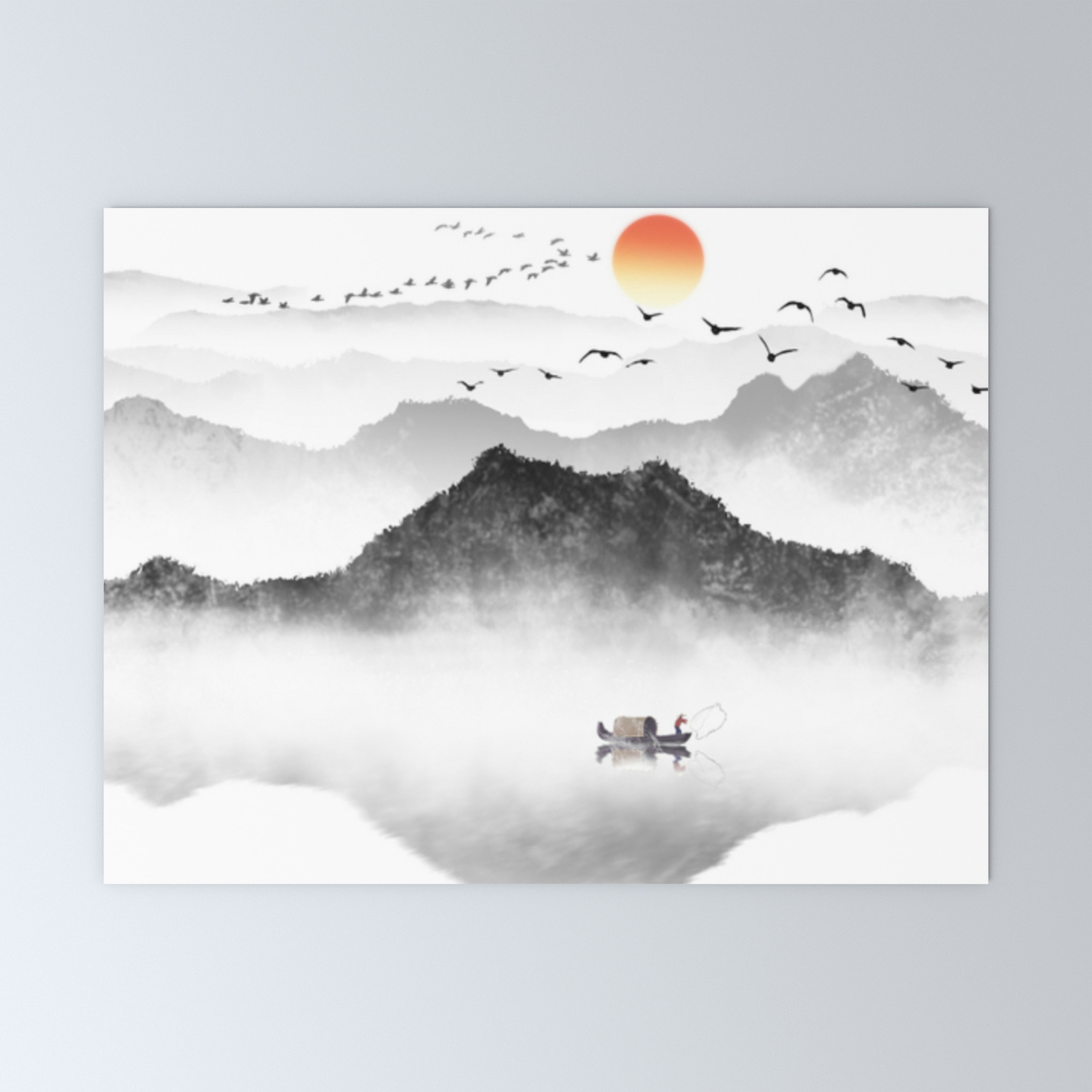 Japanese Ink Painting Mountains By The Lake Mini Art Print By