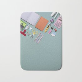 Stationary on green Bath Mat | Scissors, Stationary, Notebook, Roundcutter, Taperoll, Pen, Washitape, Calculator, Curated, Cutter 