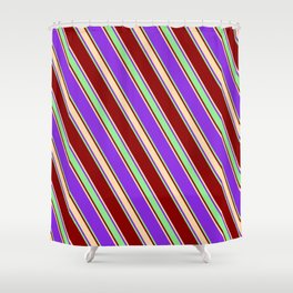 [ Thumbnail: Purple, Light Green, Dark Red & Tan Colored Stripes/Lines Pattern Shower Curtain ]
