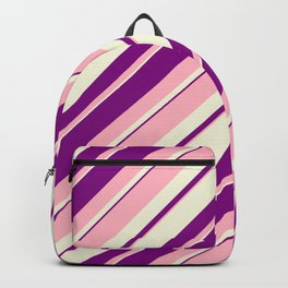 [ Thumbnail: Light Pink, Beige, and Purple Colored Lined/Striped Pattern Backpack ]