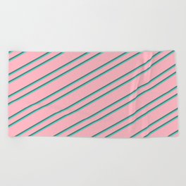 [ Thumbnail: Light Pink, Dim Gray & Turquoise Colored Stripes/Lines Pattern Beach Towel ]