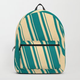 [ Thumbnail: Beige & Dark Cyan Colored Lines/Stripes Pattern Backpack ]