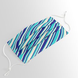 [ Thumbnail: Beige, Blue & Dark Turquoise Colored Striped/Lined Pattern Face Mask ]