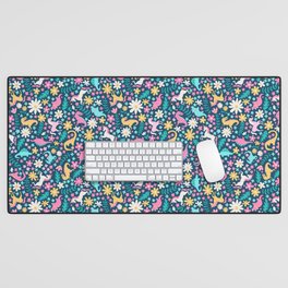 Floral Burst with Dinosaurs + Unicorns in Neon Desk Mat