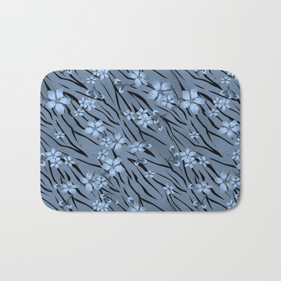 Blue flowers on blue tiger background. Bath Mat