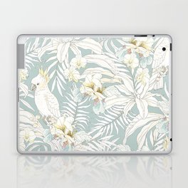Seamless tropical pattern with flowers Orchid, Fleur de lis, leaves and Parrot Cockatoo. Vintage illustration in vintage style.  Laptop Skin