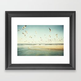 Birds on Beach Photography, Seagulls Flying Coastal Photo, Teal Bird Ocean Picture, Turquoise Aqua Framed Art Print