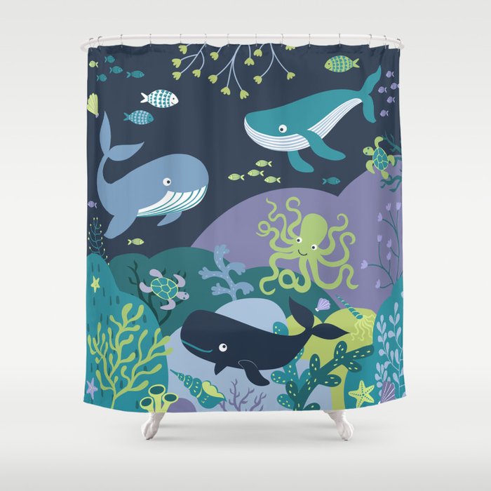 Whale Paradise Seascape - Cute SeaLife pattern by Cecca Designs Shower Curtain