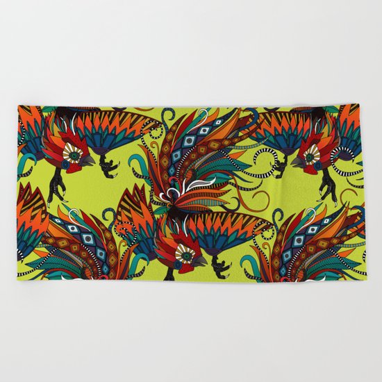 rooster ink chartreuse Beach Towel
