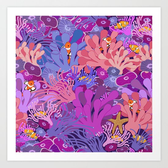 Block Party on the Reef - Clownfish Anemone Marine Sea Life Coral Art Print