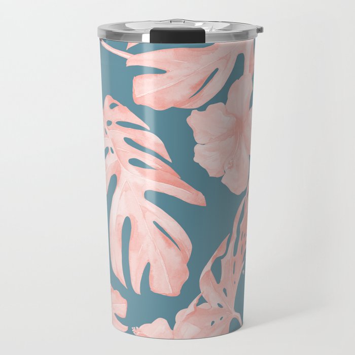Tropical Palm Leaves and Hibiscus Pink Teal Blue Travel Mug