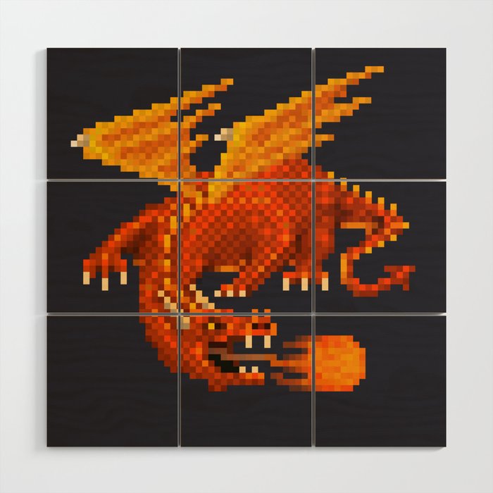 Pixel Fiery Dragon Wood Wall Art