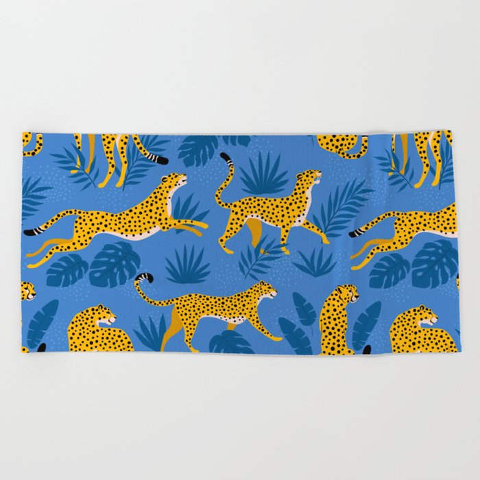 Leopard jaguar memphis blue pattern Beach Towel