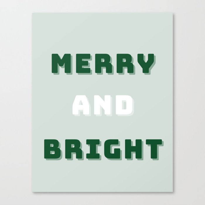 Merry and Bright, Green Christmas Art, Holiday Modern Decor, Green Canvas Print