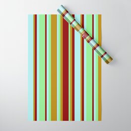 [ Thumbnail: Light Green, Dark Goldenrod, Dark Red, and Turquoise Colored Lines/Stripes Pattern Wrapping Paper ]