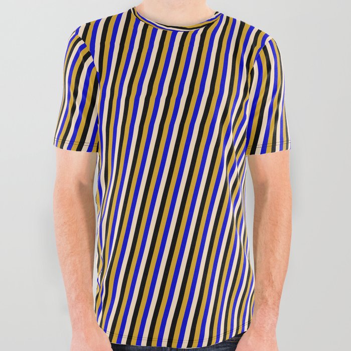 Bisque, Black, Goldenrod, and Blue Colored Pattern of Stripes All Over Graphic Tee