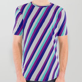 [ Thumbnail: Turquoise, Purple, Blue, and Light Grey Colored Striped/Lined Pattern All Over Graphic Tee ]