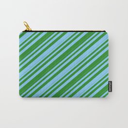 [ Thumbnail: Light Sky Blue and Forest Green Colored Lines/Stripes Pattern Carry-All Pouch ]