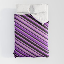 [ Thumbnail: Dark Orchid, Black, and Plum Colored Stripes Pattern Comforter ]