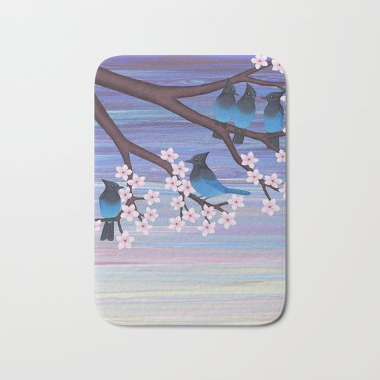 Steller’s jays and cherry blossoms Bath Mat
