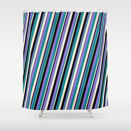 [ Thumbnail: Purple, Dark Cyan, Beige & Black Colored Striped Pattern Shower Curtain ]