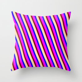 [ Thumbnail: Blue, Fuchsia, Maroon, and Tan Colored Lined Pattern Throw Pillow ]