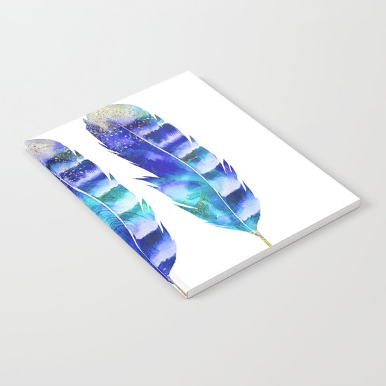 Blue Turquoise Watercolor Feather Art Notebook