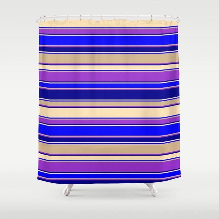 Colorful Dark Orchid, Dark Blue, Beige, Blue & Tan Colored Striped Pattern Shower Curtain