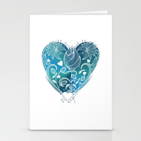 White Inked Floral Heart - Blues Stationery Cards