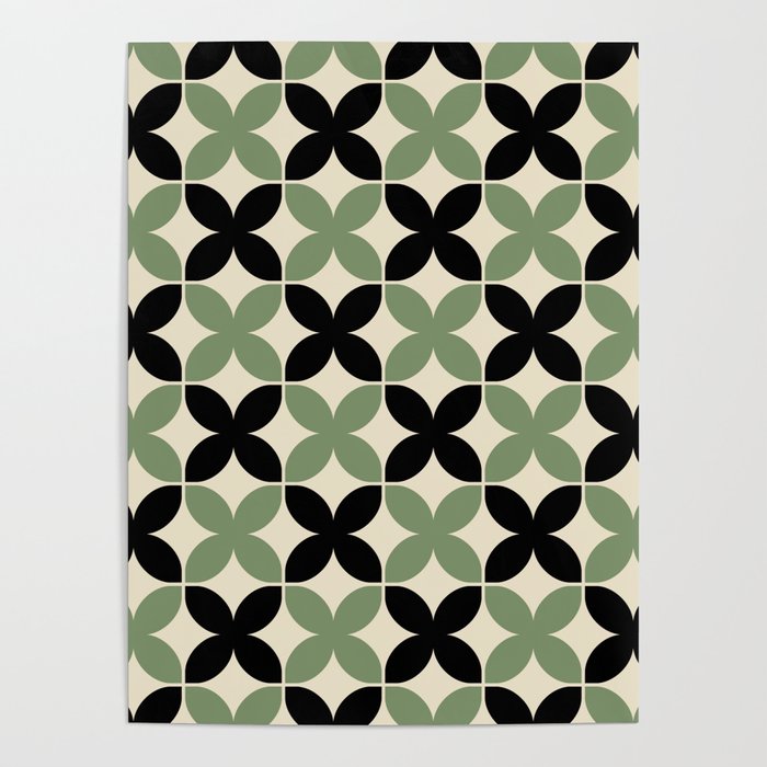 Geometric Flower Pattern 932 Sage Green Black and Beige Poster