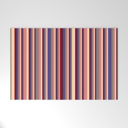 [ Thumbnail: Eyecatching Grey, Dark Slate Blue, Maroon, Beige, and Light Coral Colored Striped Pattern Welcome Mat ]