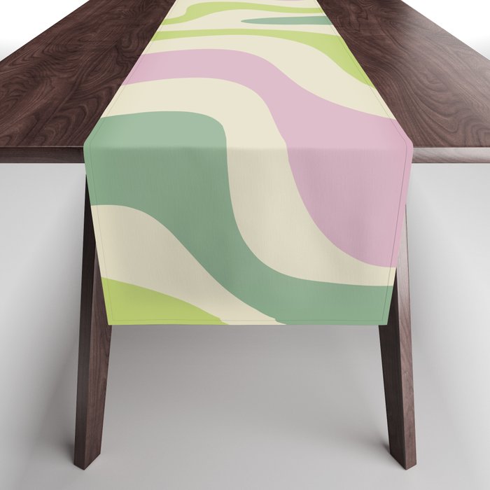 Retro Liquid Swirl Abstract Pattern in Soft Pastel Lavender Pink Lime Green Cream Table Runner