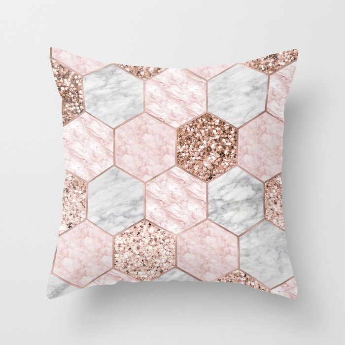 Rose gold dreaming - marble hexagons Throw Pillow