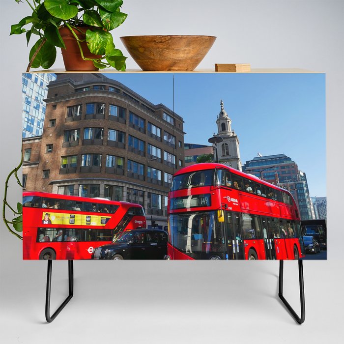 Great Britain Photography - Red Double Decker Buses In Down Town London  Credenza