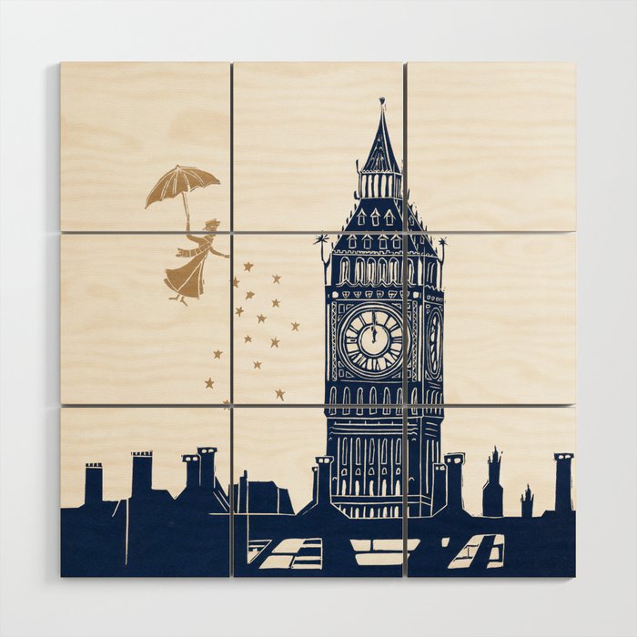 Mary Poppins and Big Ben linocut Wood Wall Art