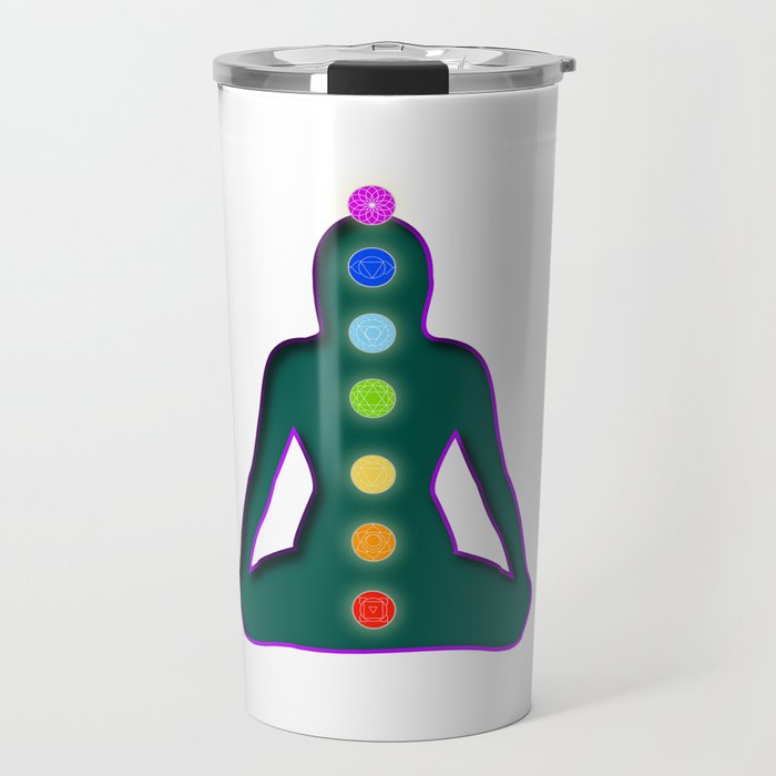 Meditating woman with aura colors and chakra symbols	 Travel Mug