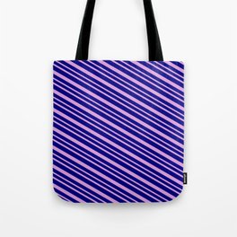 [ Thumbnail: Blue & Plum Colored Striped Pattern Tote Bag ]
