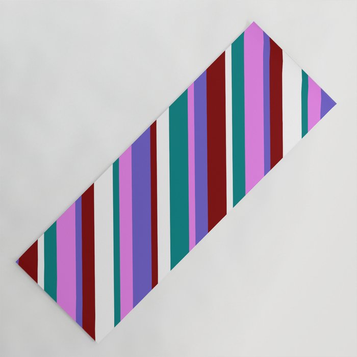 Vibrant Teal, Violet, Slate Blue, Maroon & White Colored Pattern of Stripes Yoga Mat