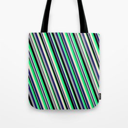 [ Thumbnail: Eyecatching Green, Bisque, Midnight Blue, Dark Grey, and Black Colored Lines/Stripes Pattern Tote Bag ]