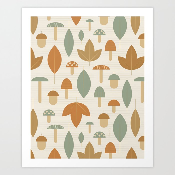 Autumn Botanical Leaves, Mushrooms and Acorns Minimalist Geometric Pattern in Light Cream Beige, Teal, Ochre and Brown Color Art Print