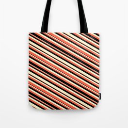 [ Thumbnail: Red, Black & Light Yellow Colored Striped Pattern Tote Bag ]