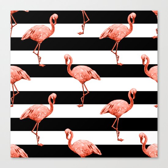Simply Flamingo Deep Coral on Midnight Black Stripes Canvas Print