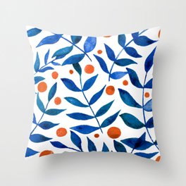 Watercolor berries and branches - blue and orange Throw Pillow