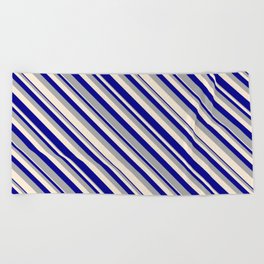 [ Thumbnail: Dark Gray, Beige, and Dark Blue Colored Lined Pattern Beach Towel ]